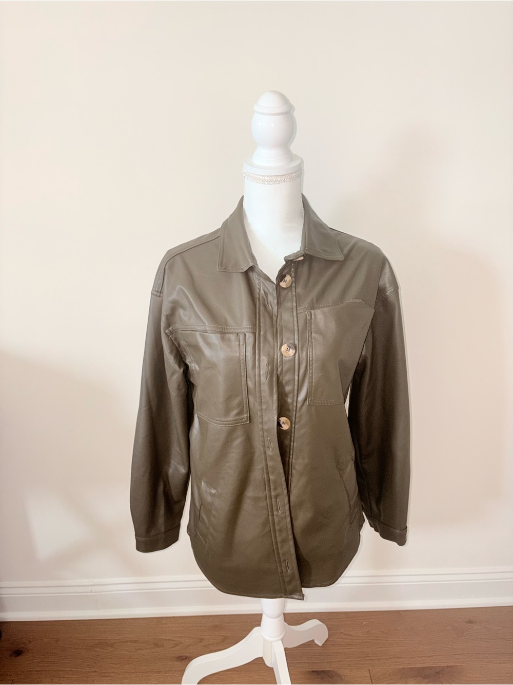 Stoosh Olive Faux-Leather Button Jacket